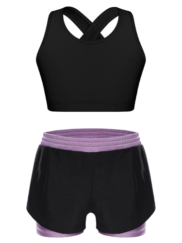 Kids Girls 2 Piece Sports Outfits Crop Tank Top Training Bras With 2 In 1 Double Layer Shorts For Workout Light Purple 14 Years