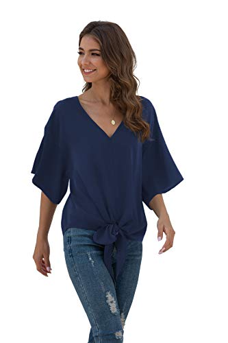 Viishow Womens Tie Front Loose Short Sleeve V Neck Blouses Chiffon Tops Summer Shirts(Navy Blue,X-Large) #TOP2