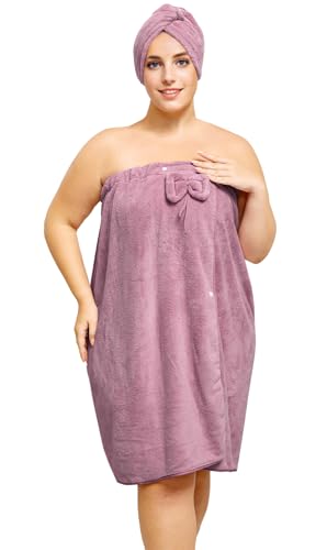 HJMJY Plus Size Towel Wrap with Hair Towel for Women(XXL-XXXXL), Adjustable Women Shower Wrap Body Wrap Bath Towels, Comfortable Spa Bathrobe + Hair Drying Towel, Purple