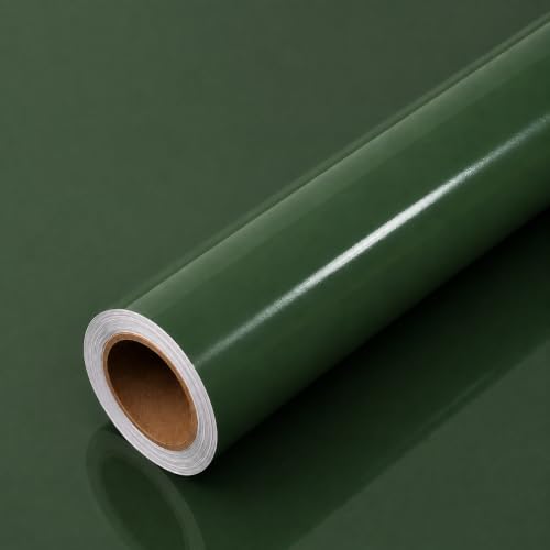 Image of HOME13 Olive Green Wallpaper Glossy Green Peel and Stick Wallpaper Self Adhesive Decorative Vinyl Sticker for Shelf Liner Kitchen Cabinet Table Door Waterproof Removable (20x200 Inch)
