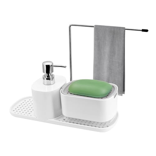 CheurYae Juego de dispensador de detergente para cocina, organizador de fregadero 3 en 1 con dispensador de jabón, soporte de esponja y estante de almacenamiento para ropa, detergente rellenable