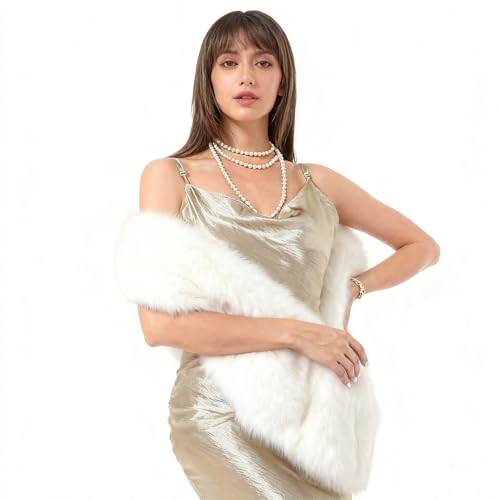 Wcuvbv Women Faux Fur Shawl Winter Fur Stole Wrap Collar Warmer Shrug Shawl Scarf White 70.8 * 5.9in
