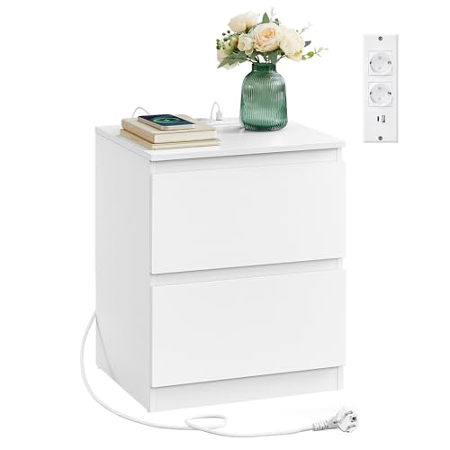 VASAGLE KAILYN Colección - Mesita de Noche con Regleta de Enchufes, Mesa Auxiliar, 2 Cajones, 2 Tomas AC, 2 Puertos USB-A, Salón, Dormitorio, Blanco Nube LET621W02