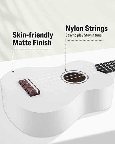 Image of Donner Soprano Ukulele for Beginner 21 Inch Matte Ukulele Beginner Kit with Bag Strap Tuner Strings Picks Cloth, Free Online Lessons (White)