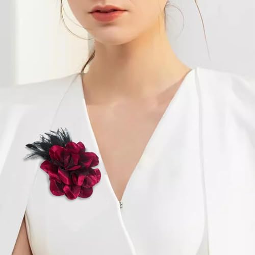 Image of Flower Brooch Pin Silks Wonderful Rose Camellia Feather Charm Fashion Beautiful Created Clip Hair Flowers Brooches Accessories Idea for Party Dance Wedding Banquet for Elegant Women Girl Gift