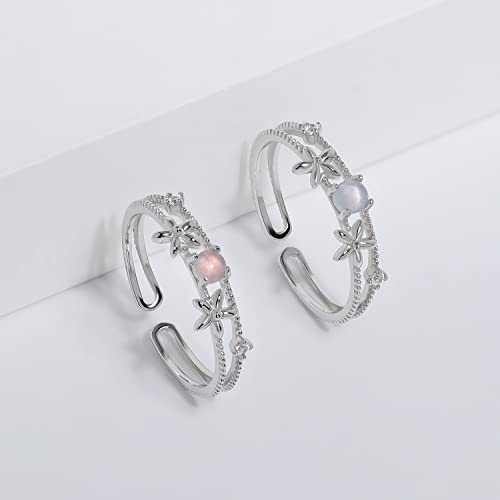 Meissa 925 Sterling Silver Flower Ring For Women Pink Stone Stacking Ring Size Adjustable Blue Stone Ring Friendship Best Friend Ring (Blue Stone(Silver)) #TOP1