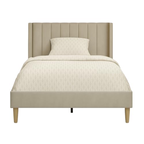 Image of Metal Upholstered Bed Queen Size Without Storage | Wooden Queen Size Cot with Headboard | Double Size Bed for Bedroom | Palang Furniture for Guest Room & Hotels, Beige, (Beige)