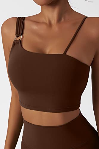 Mulisky One Shoulder Sports Bra For Women Sexy Straps Yoga Bra With Removable Cups Brown S #TOP4