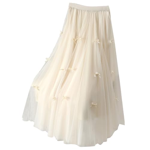High Waist Tulle Midi Skirt for Women Lace up Bow Wedding Party Prom Cocktail Mesh Flowy A-Line Long Tutu Skirts