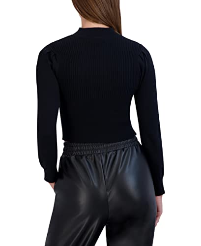 Bcbgeneration Women's Fitted Long Sleeve Sweater Mock Neck Front Keyhole Cross Over Top, Black, Small #TOP2