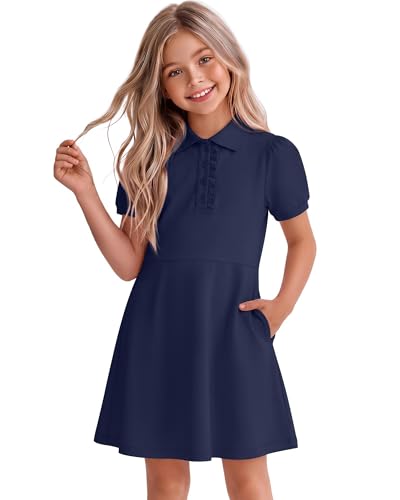 LessonZoo Girls Uniform Polo Dress Collar Puff Short Sleeve Dress Ruffle Button Down Cute Shirtdress with Pockets 5-14 Years(Navy Blue 7-8 Years)