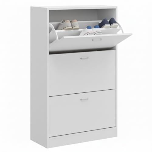 Scarpiera Portascarpe in Legno MDF Melaminico Scaffali Ante a Ribalta Maniglie Grigio Satinato Doppia Profondità Adatta a Scarpe Stivali Ciabatte Tacchi Istruzioni Incluse (3 Ante, Bianco)