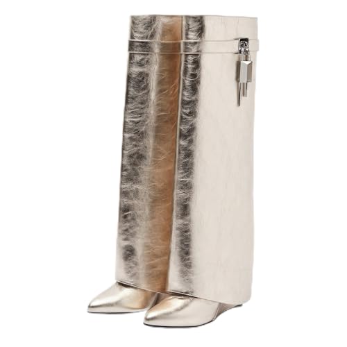 Image of Arqa Knee High Boots Womens Wedge High Heels Shark Boots Fold Over Pull-on Pointed Toe Tall Fashion Boots for Women