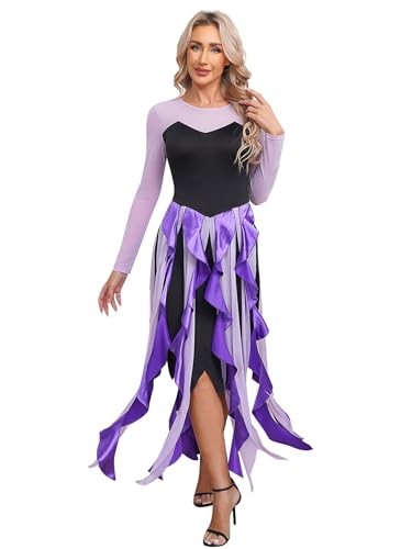 Alvivi Damen Meerjungfrau Kostüm Böse Meerhexe Kostüm Octopus Meerhexe Kleid Hexenkleid Halloween Karneval Fasching Lila L