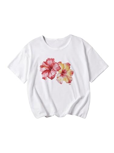 COZYEASE Girl's Floral Print Short Sleeve Crop Tops Crew Neck Slim Fit Graphic Tees Shirts