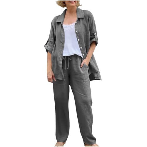 Compra Online Conjunto Mujer Vestir Dos Piezas,2 Piezas Conjuntos de Verano Otoño Algodón y Lino Cárdigan Camisa de Manga 3/4 y Pantalones Largos Suelto Oficina Casual Traje Color Sólido Cómodo Set