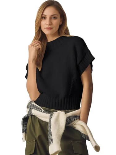 Image of Jenkoon Women's Ultra Soft Fashion Sweater Vest Mock-Neck Extended Shoulder Sweater Vest Cap Sleeve Knit Pullover
