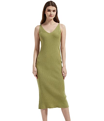 Image of Women's Sleeveless Sweater Dress Knit Slim V Neck Bodycon Midi Stretchable Elasticity Slim Fits