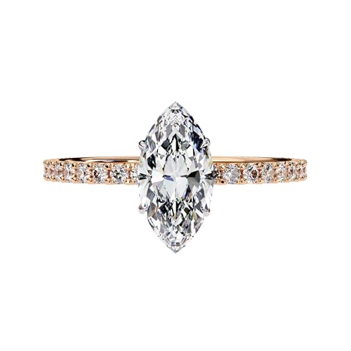 2.00 CT Marquise Moisanite Hidden Halo Anniversary Ring, 14K Gold Wedding Gift Ring For Women, Marquise Handmade Jewelry, Two Tone Bridal Promise Ring (14K Solid Rose Gold)