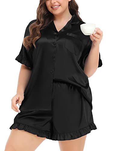 SWOMOG Womens Satin Plus Size Pajamas Silk Short Sleeve Pjs Sets Ruffle Shorts 2 Piece Loose Outfit Sleepwear with Pocket3