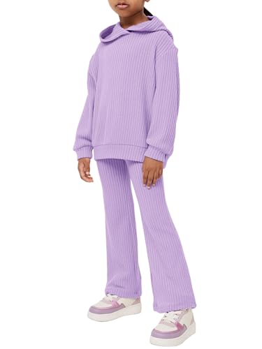 Haloumoning Girls 2 Pieces Outfits Ribbed Knit Hoodies Flare Pants Sweatshirts and Sweatpants Kids Tracksuits 4-14 Years2
