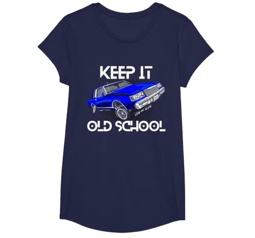 Keep It Old School Lowrider Car Chicano Low & Slow Oldies T-Shirt, Girls, Navy Blue, Medium