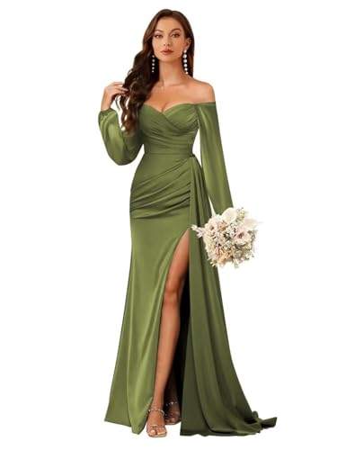 Satin Long Sleeve Bridesmaid Dresses with Split Mermaid Prom Dress Off Shoulder Formal Party Gowns NSY0244