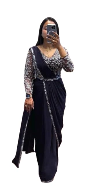 Lehenga Choli Indo-Western Draped Set For Womens And Girls Ready To Wear Saree Hevay Silk Fabric With Work Multi Thread Embroidery Coding wedding indowestern Wedding Saree Black-image-38