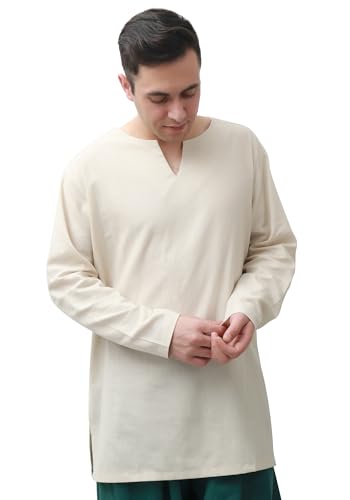 PROCOS Mens Medieval Undershirts Retro Linen Tunic Long Sleeve Shirts Pirate Reenactment Halloween Costume4