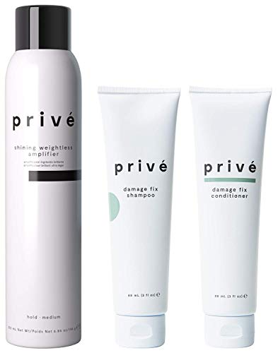 PRIVE - Shining Weightless Amplifier Cream-Mousse Serum for Volume (6.85 oz./ 200 mL) + Free Damage Fix Moisturizing Hair Shampoo and Conditioner Set for Dry, Damaged Hair (3 oz./ 88 mL).