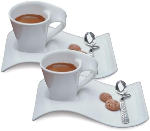 Villeroy & Boch NewWave Caffe Collection 6-Piece Espresso Set, Set for 2, Demitasse Cups and Saucer, Premium Porcelain, Made in Germany, Petite, 2.75 oz Capacity, Dishwasher & Microwave Safe