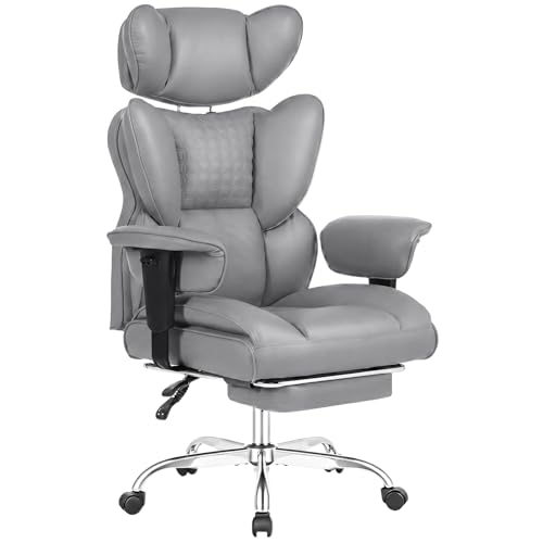 Image of DUMOS Big and Tall Home Office Desk Chair, Ergonomic Executive Chair with Footrest, Computer Gaming Chairs with High Back Reclining, Adjustable Armrests and Comfy Lumbar Support, PU Leather, Grey