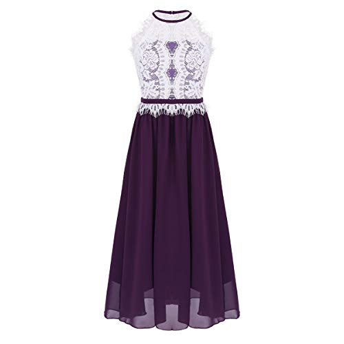 FEESHOW Youth Girls Halter-Neck Lace Junior Bridesmaid Dress Wedding Long Gown Party Flower Girl Dress