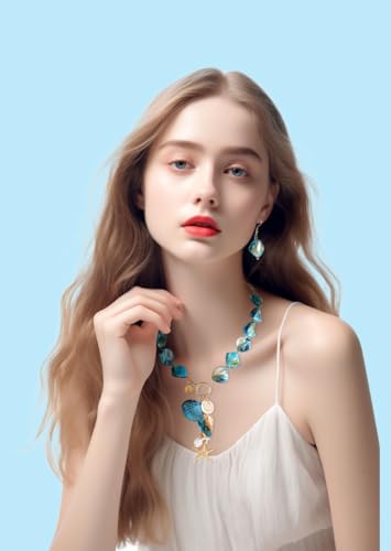 Image of Coiris Natural Seashell Choker Necklaces Earrings Jewelry Set for Women Starfish Shell Freshwater Pearl Collar Necklaces for Women Irregular Mother of Pearl Jewelry Set