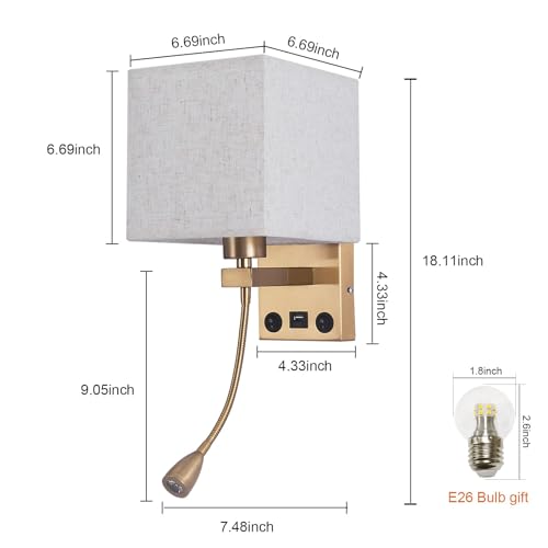 Image of Wall Sconces, Hardwired Wall Lamp with USB Port White Fabric Shade Bedside Wall Lights with Reading Lamp for Bedroom Living Room Hotels and Office (Gold)