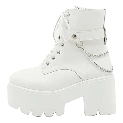 CYNLLIO Fashion Block Heel Platform Combat Ankle Booties Women's Lace up Studded Motorcycle Boots Mid Calf Boots3