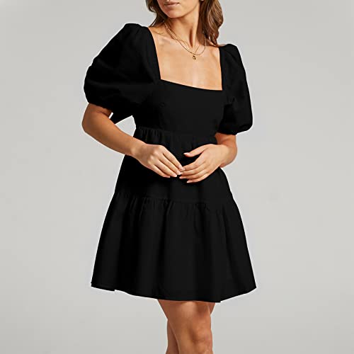 OWNGIGI Women's Summer Dress Square Neck Puffy Short Sleeve Loose Tie Back Casual A-Line Mini Dresses2