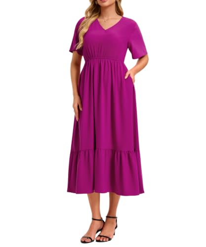 Image of Women's Summer Short Sleeve Maxi Floral Flowy Dresses with Pockets