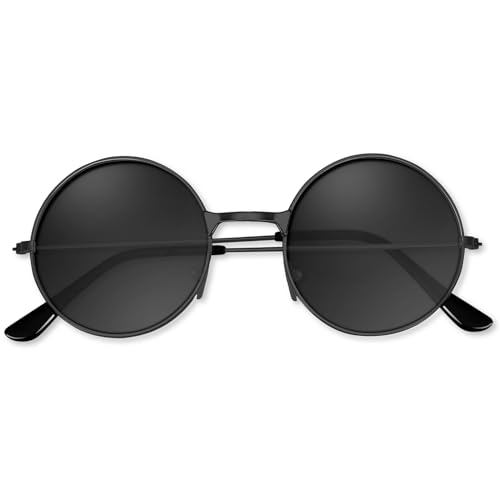 BOUBONI Hippie Sonnenbrille 70er Jahre Runde Hippie Brille Party Deko Sonnenbrille für Damen mit farbigem Brillenputztuch (Schwarzer)