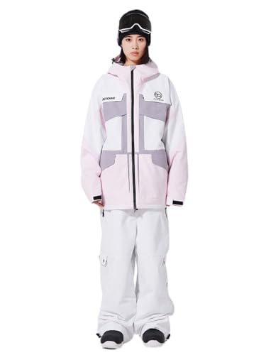 xwxwseui Insulated Baggy Ski Suits for Men Women Cargo Pocekets Snow Jacket & Bibs Set Waterproof Colorblock Snowboard Suit (Pink+White, L)