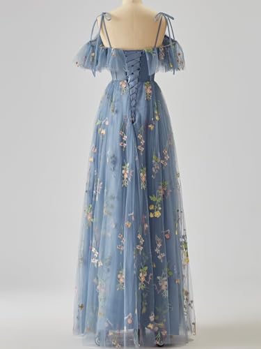 Flower Embroidery Tulle Prom Dresses for Women Spaghetti Straps Ruffle Long Formal Evening Party Gown2