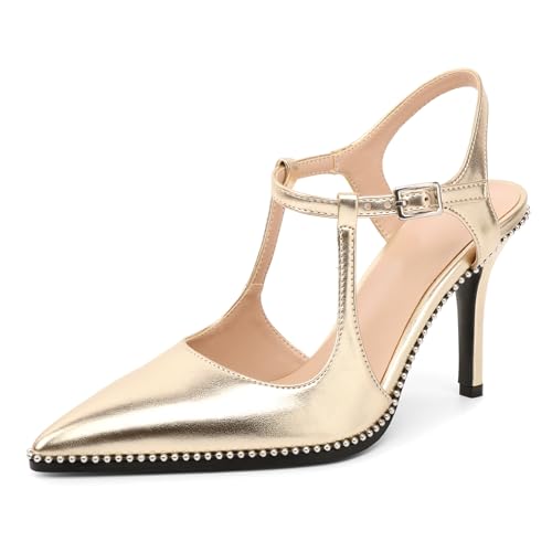 Image of SAMMITOP Womens High Heels Ankle Strap Pointed Toe Stilettos Patent Leather Beaded Pumps Dress Shoes 3.5 Inch