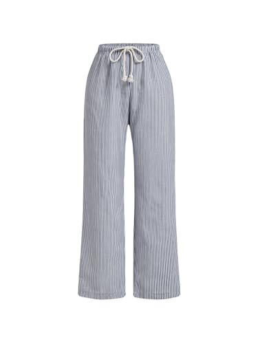 OYOANGLE Women's Striped Wide Leg Pants Drawstring Waist Straight Leg Trousers Lounge Pants - Main Image