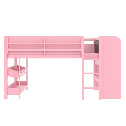 Image of Full Loft Bed with Multi-Storage Bookcases, Boxes and Drawers, Solid Wood Low Loft Beds with Desk and Blackboard, No Box Spring Needed (Pink-02)