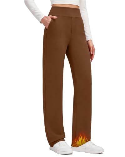 G4Free Straight Leg Pants Women Thermal Work Dressy,Dark Coffee,L,Petite
