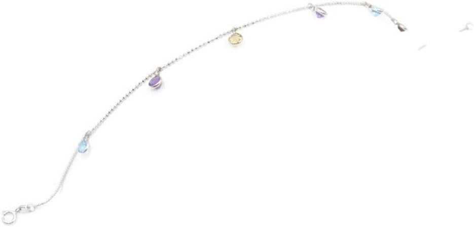 Sophia Fine Jewelry Multi-Color Gemstone Charm 10" Anklet,14k White Gold Cable Chain