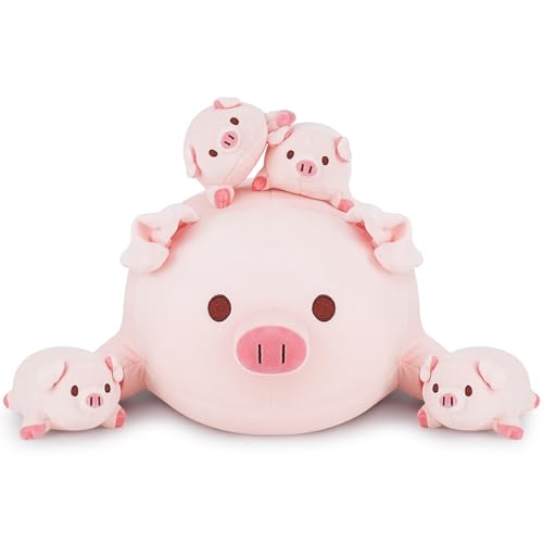 Auspicious beginning Stuffed Pig Plush Mommy with Baby Plush Toy Mummy Set with Baby Plushies Cuddly Toy 5 in 1 Hugging Pillow Soft Animal Plushie Pigs
