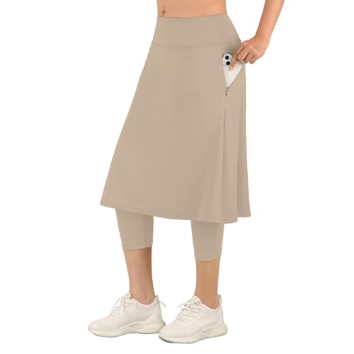 ANIVIVO Women Long Knee Length Skirt with Capris Leggings Skirted Leggings with High Waisted Zipper Pockets(Khaki M)