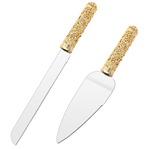 Jozen Gift Gold Cake Knife And Server Set - 2 Piece Dessert Set Metal Handle With Crystal Stones Decoration For Wedding, Anniversary Party Birthday Banquets And Gifts For Bride And Groom #TOP1