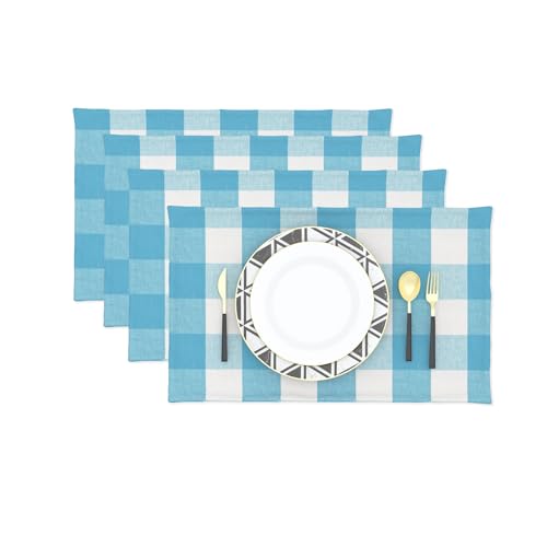 Sky Blue & White 2 Side Cotton Buffalo Check Placemats Set of 4 Heat Resistant Dining Table Place Mats for Kitchen Table 12 x 18 inches